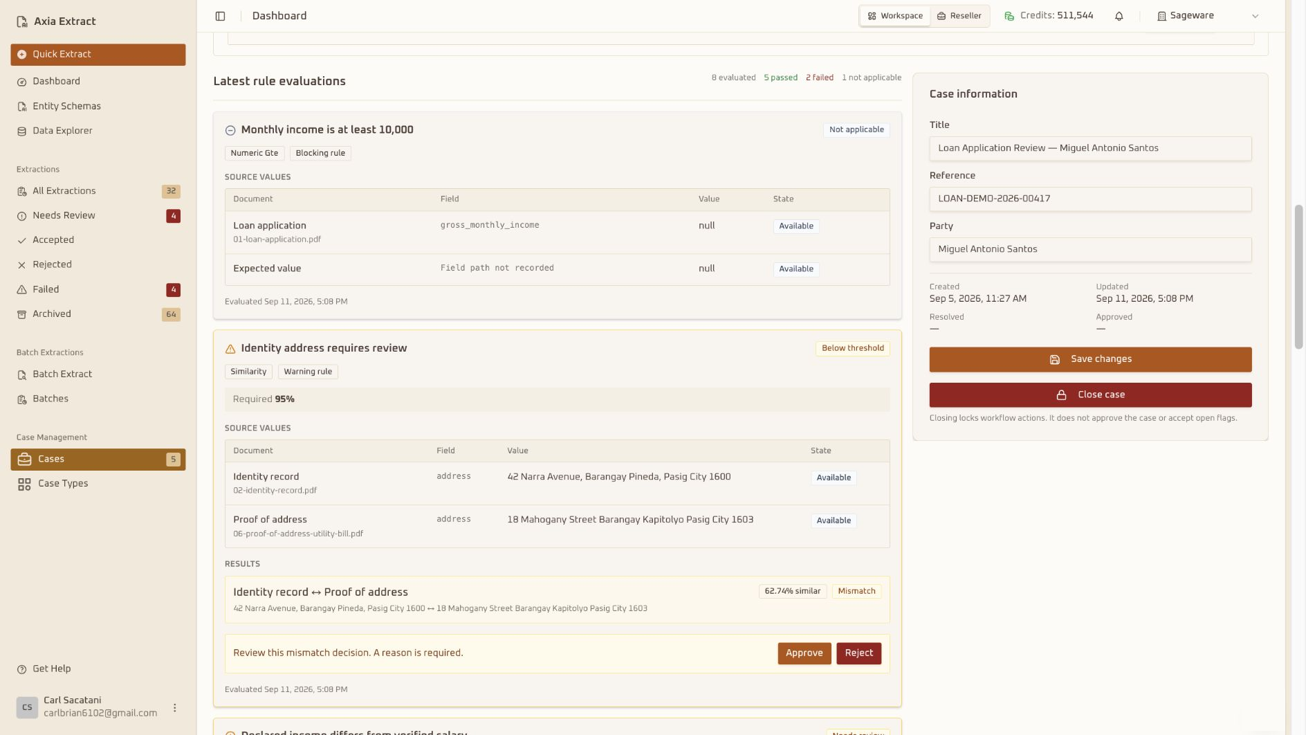 Axia Extract case review showing a flagged mismatch with approve and reject actions